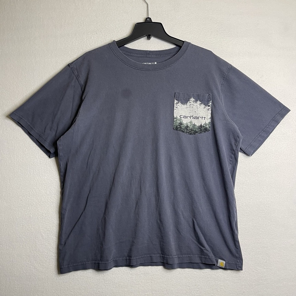 Carhartt T-Shirt Size XL Forest Graphic Pocket Back Print Relaxed Fit Blue Gray
